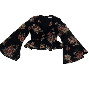 Altar’d State Floral Bell Sleeve Crop Top XS Black Pink  Roses